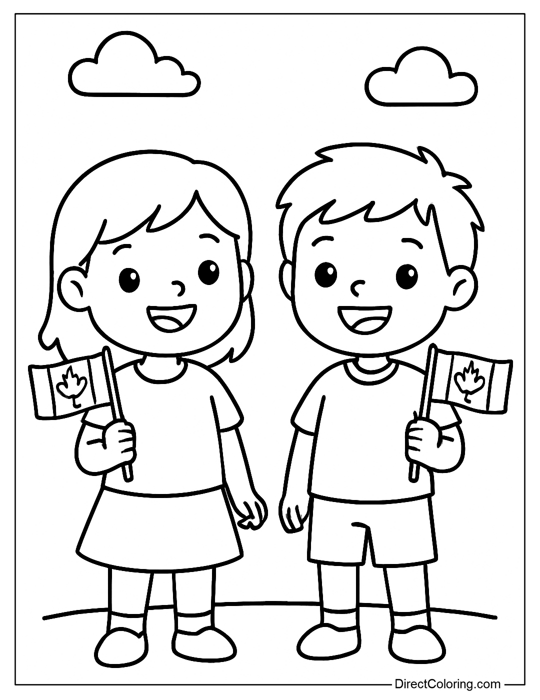 A coloring page of two kids holding a Canadian flag, smiling happily with a simple background.